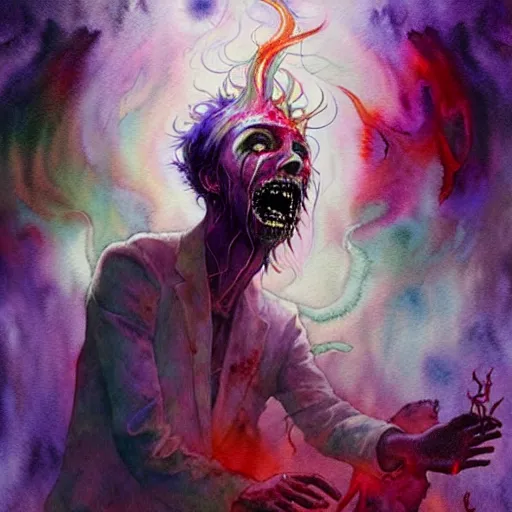Prompt: watercolor spiritual horror lsd art in muted colors, disturbing grunge still of a lovecraftian demon infested guy flirting with you, by arthur adams, by tom bagshaw, by henry asencio, by kikuchi hideyuki
