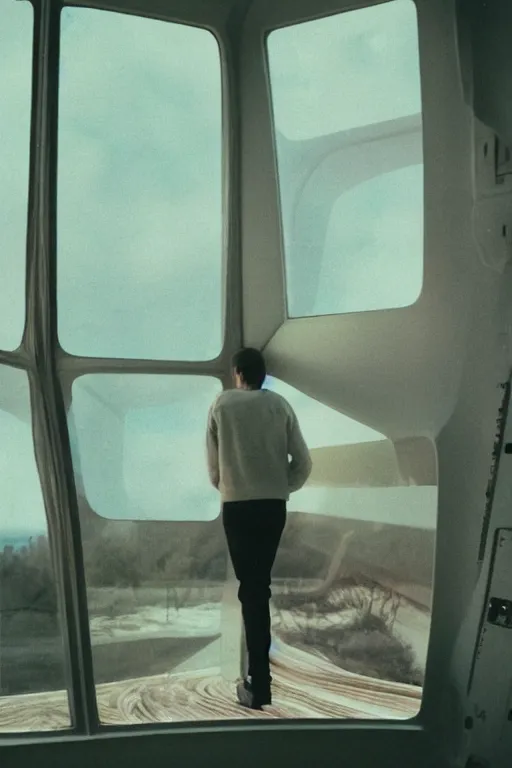 Prompt: far away kodak ultramax 4 0 0 photograph of a skinny guy in a spaceship, back view, looking out window, grain, faded effect, vintage aesthetic, vaporwave colors, cyber aesthetic, space aesthetic,