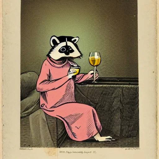 Prompt: a photograph of a racoon wearing a night gown holding a cup of wine