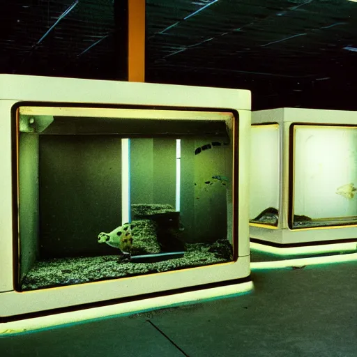 Prompt: an abandoned forgotten liminal lonely cracked aquarium, old retro museum exhibition, 1 9 8 0 s computers, computer monitors, illuminated displays of computer screen savers, crystal refraction of light, stanchions, photo taken on fujifilm superia film, aquatic devices