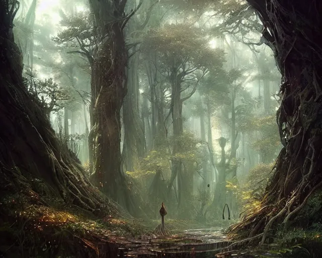 Image similar to a magical forest that separates the good world from the dark world,, fantasy art, intricate, highly detailed, in the style of greg rutkowski