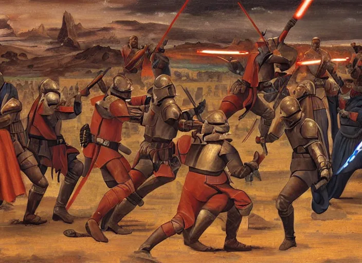 Image similar to medieval oil painting depicting the jedi knights fight on geonosis in attack of the clones, realistic, sharp, uhd