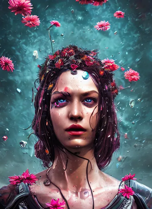 Image similar to An epic fantastic realism comic book style portrait painting of the most beautiful woman in the universe, flowers rain everywhere, fisheye lens, Apex Legends Concept Art, porcelain, unreal 5, DAZ, hyperrealistic, octane render, cosplay, RPG portrait, dynamic lighting