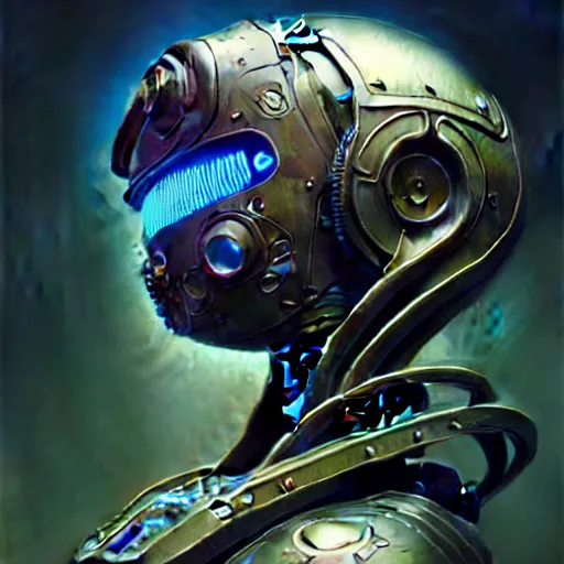 Image similar to low angle shot of a cyberpunk gazmask robot character, intricate, elegant, highly detailed, centered, digital painting, artstation, concept art, smooth, sharp focus, illustration, artgerm, Tomasz Alen Kopera, Peter Mohrbacher, donato giancola, Joseph Christian Leyendecker, WLOP, Boris Vallejo