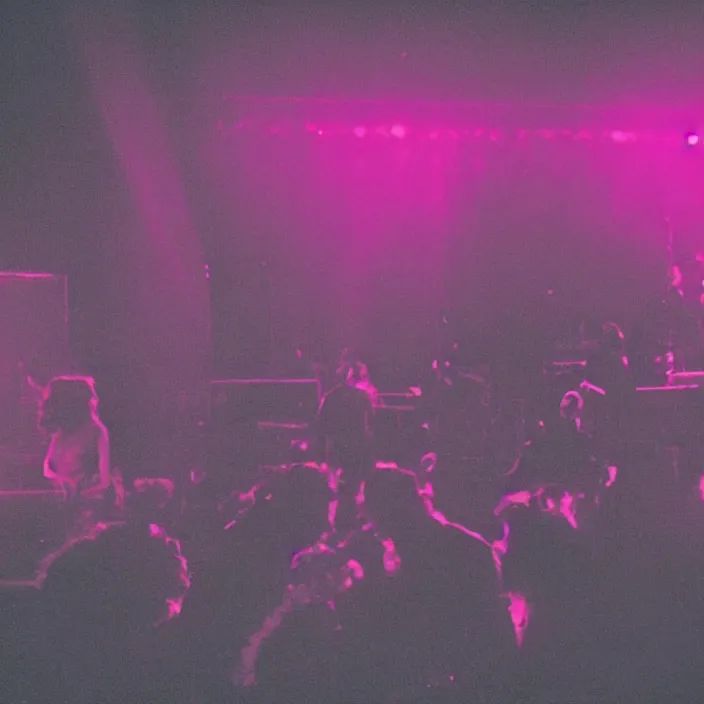 Image similar to concert stage, smoke machine, neon pink light, light beams, synthesizers and other instruments, dark silhouettes of band, seen from afar, 1 9 9 0 s album cover, grainy