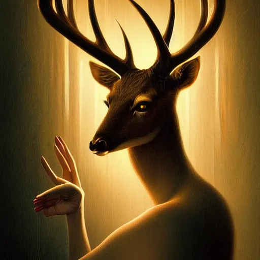 Prompt: a dramatic portrait of a woman affection deer, cinematic lighting, symmetric face by karol bak, christopher balaskas