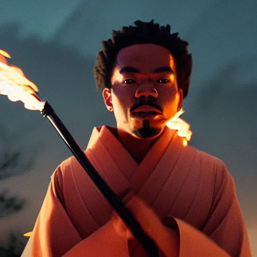 Image similar to cinematic film still of Chance The Rapper starring as a Samurai holding fire, Japanese CGI, VFX, 2022, 40mm lens, shallow depth of field, film photography