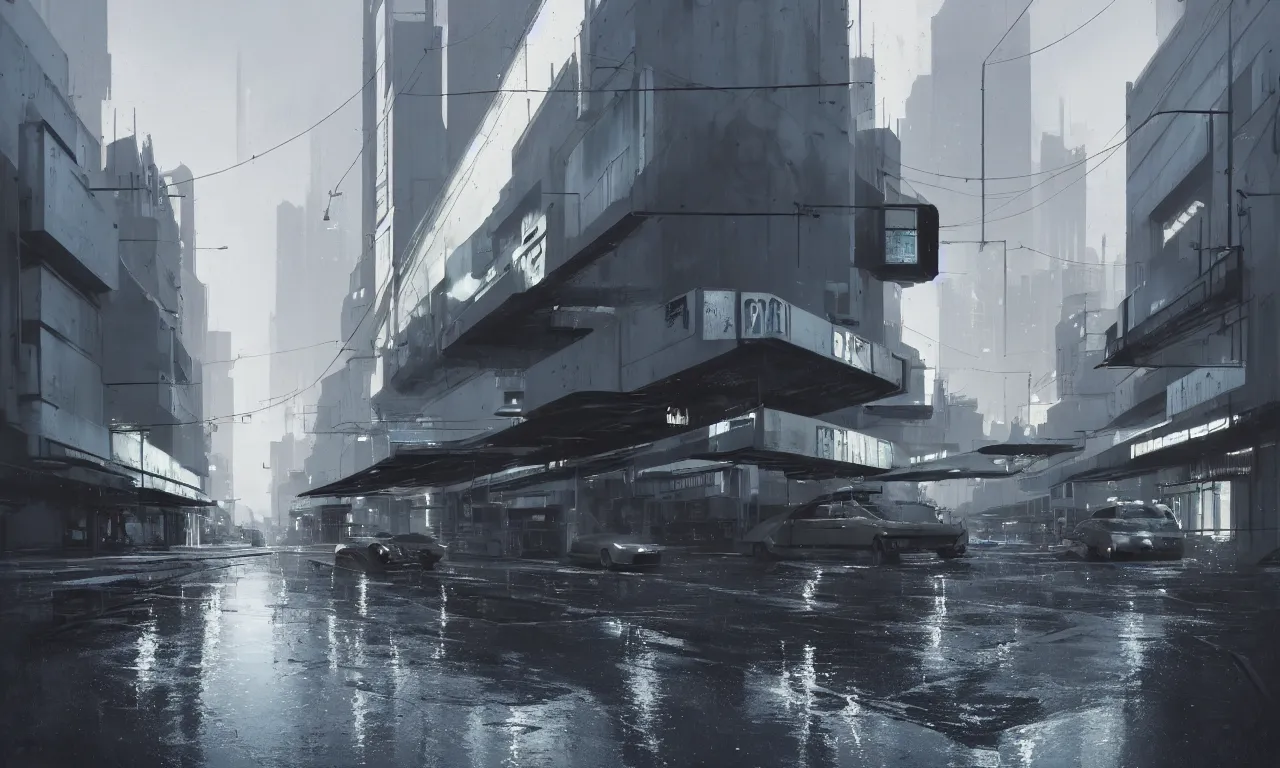 Prompt: photorealistic streetscape, simple brutalist architecture, metal, concrete, puddles of water, white neon lights, neon signs, flying vehicles, pedestrians, greg rutkowski, syd mead, ralph mcquarrie, concept art, matte painting, finely detailed, minimal artifacts, rule of thirds, dynamic lighting, cinematic, denoised, centered, artstation