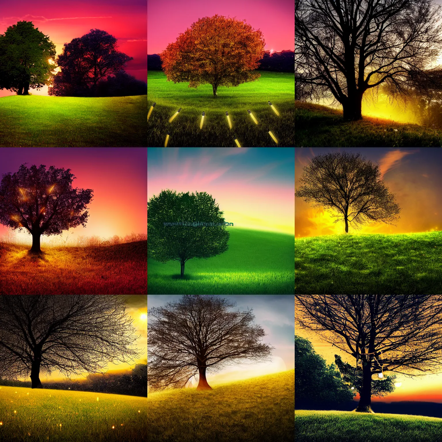 Prompt: tree with lights as leafs, on top of a hill, gras on the ground, very low sunset in the background, fireflys, highly detailed, photoreal, high contrast, romantic mood
