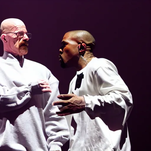 Image similar to Walter White performing alongside Kanye West at the Yeezus Tour