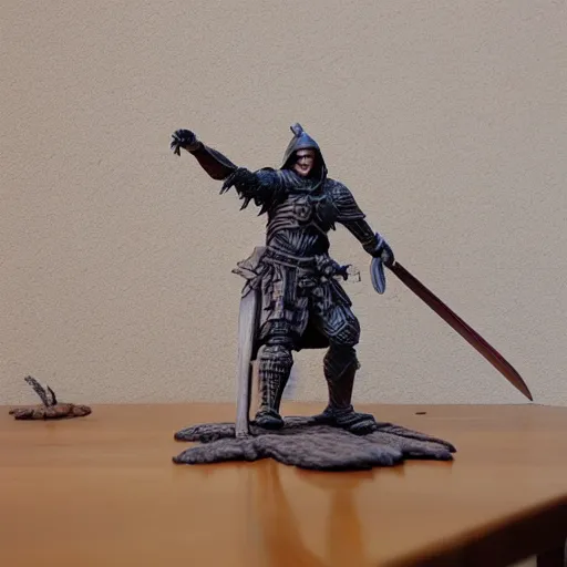 Image similar to 3 d printed fantasy miniature figure warrior on a wooden table photography realistic, detailed