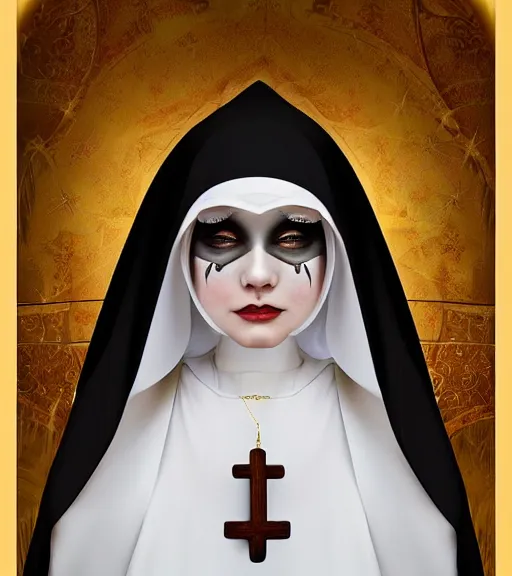 Image similar to beautiful female character inspired by venice carnival and nun | | digital artwork made by greg rutswork, anna dittmann and lois van barlee, symmetrical, anatomically correct