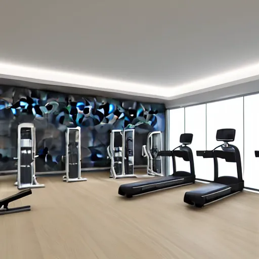 Prompt: gym interior concept design minimalist architecture modern furniture, modern equipment 8 k octane render blender high quality