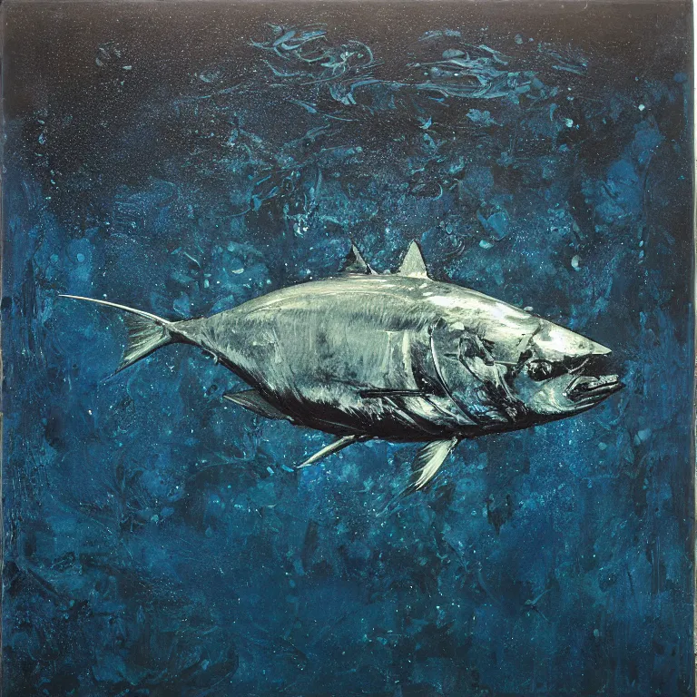 Image similar to Hyperrealistic Studio wet collodion Photograph portrait of a deep sea bluefin Tuna deep underwater in darkness, award-winning nature deep sea expressionistic impasto heavy brushstrokes oil painting by Cy Twombly and Tim Hawkinson vivid colors hyperrealism 8k