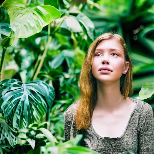 Image similar to a very beautiful!! young woman is posing for a photograph, petzval lens. symetric face. sharp face. in a tropical greenhouse. featured on flickr, art photography, photo taken with provia,