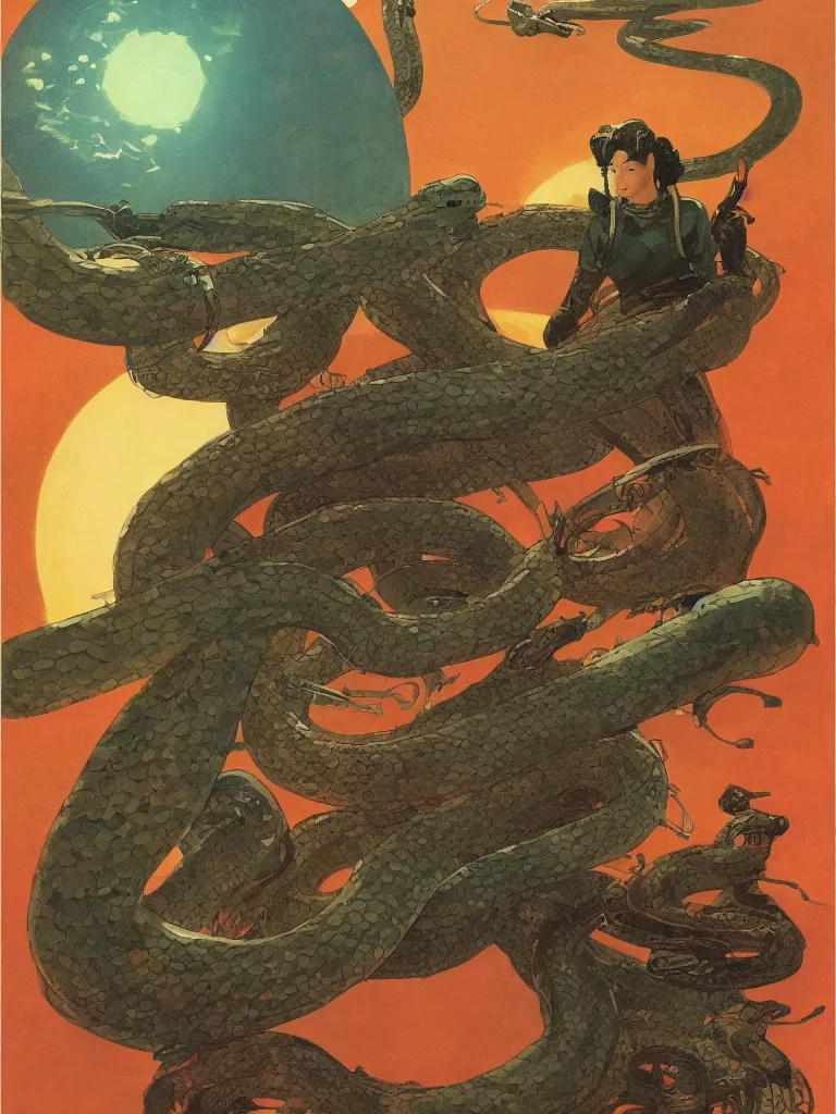 Prompt: on a strange vintage scifi planet, a samurai godess with a snake, vintage scifi poster, winslow homer, moebius, roger dean, artstation