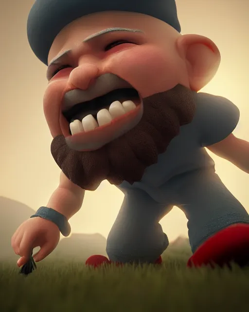 Image similar to bald gnome big white beard, dagger, bomb, running, field, angry, hyper realism, cinematic, volumetric lighting, high detail, octane render, unreal engine, 8 k, depth of field, concept art, dnd, digital art, deviantart artstation, extremely detailed, very sharp, in the style of