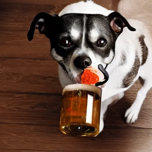 Prompt: Photorealistic dog chugging beer