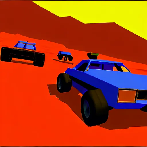 Image similar to mad max racing, nintendo 6 4 screenshot, low poly, aliased