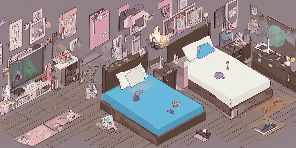 Prompt: isometric anime digital drawing of a comfy bedroom