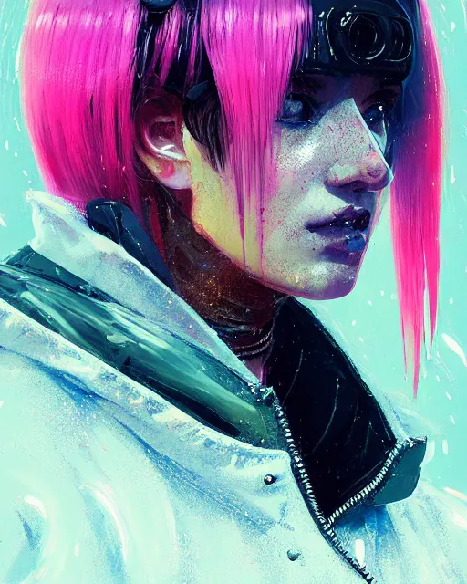 Image similar to detailed side profile portrait Neon Operator Girl, cyberpunk futuristic neon, reflective puffy coat, decorated with traditional Japanese ornaments by Ismail inceoglu dragan bibin hans thoma greg rutkowski Alexandros Pyromallis Nekro Rene Maritte Illustrated, Perfect face, fine details, realistic shaded, fine-face, pretty face