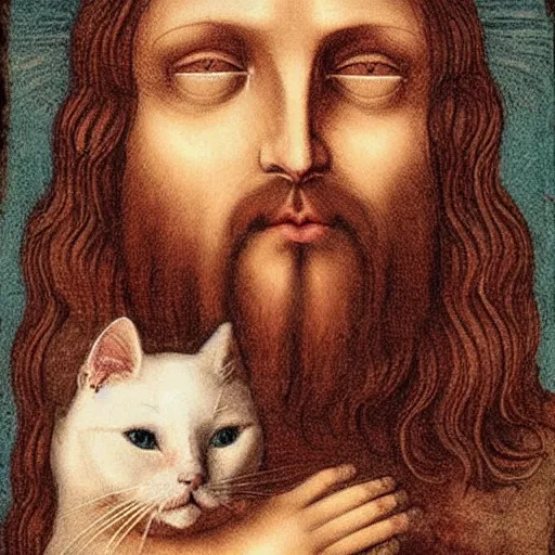 Prompt: jesus holding a cute cat, symetrical faces, emotional, cute, powerful, digital art by leonardo da vinci