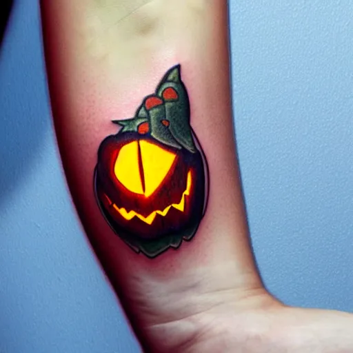 Image similar to cartoon tattoo of an angry pumpkin with glowing eyes