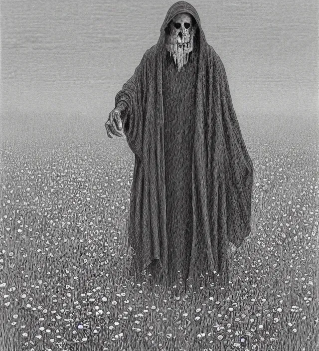 Image similar to grim reaper with no face at distance in beautiful meadow of flowers, detailed pencil illustration by gustave dore, highly detailed, centered, high resolution, smooth, sharp focus, illustration