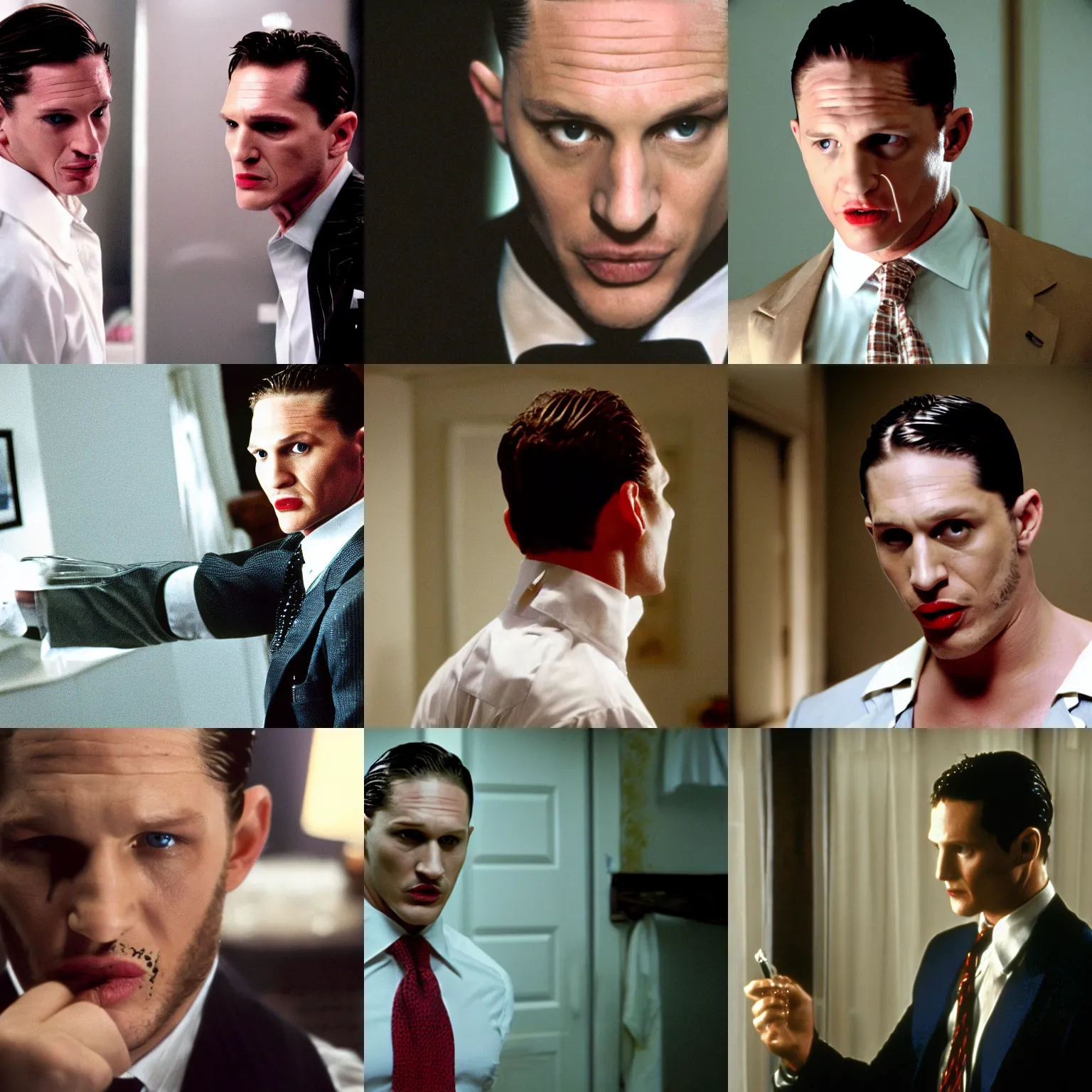 Prompt: film still of Tom Hardy playing Patrick Bateman in American Psycho, 4k