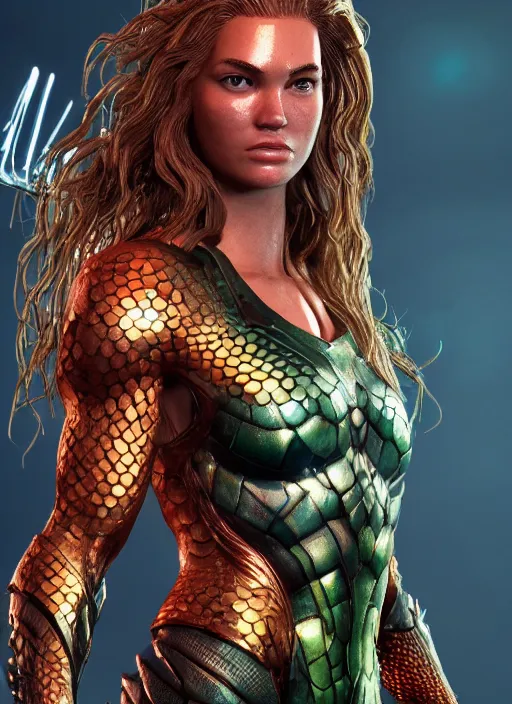 Image similar to female aquaman, au naturel, hyper detailed, digital art, trending in artstation, cinematic lighting, studio quality, smooth render, unreal engine 5 rendered, octane rendered