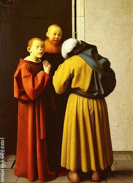 Prompt: Two little brothers meet a young man, medieval painting by Jan van Eyck, Johannes Vermeer, Florence