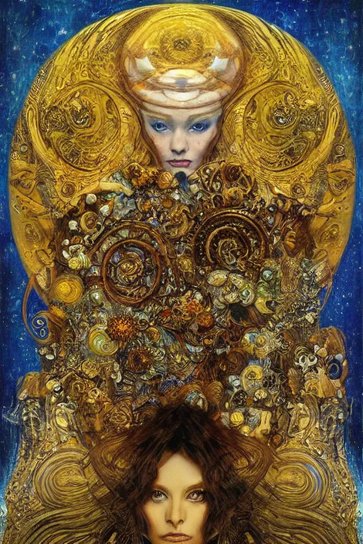 Image similar to Divine Chaos Engine by Karol Bak, Jean Deville, Gustav Klimt, and Vincent Van Gogh, visionary fractal structures, ornate gilded medieval icon, spirals