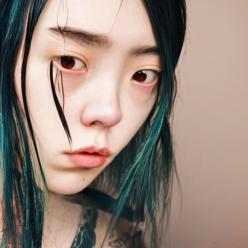 Prompt: a masterpiece portrait photo of a beautiful young woman who looks like a korean billie eilish, symmetrical face