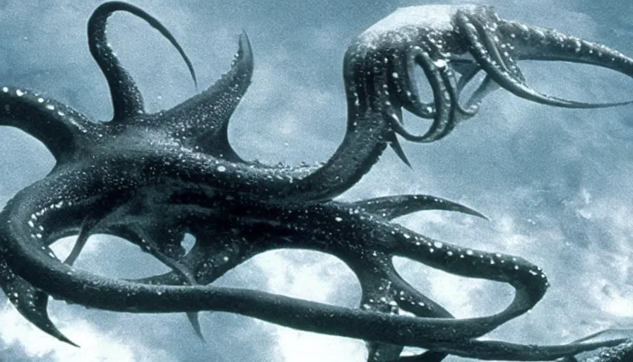 Image similar to big budget movie about a giant squid armed with machine guns going on a rampage