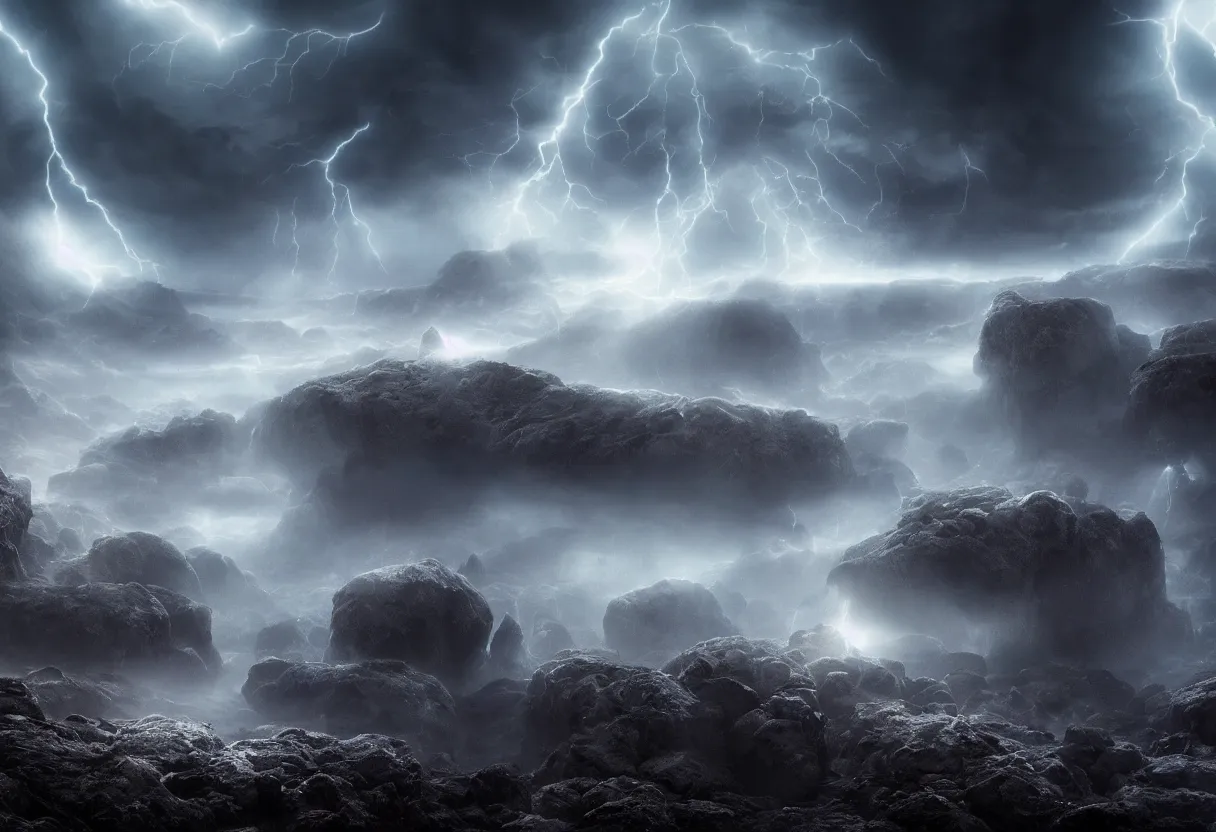 Prompt: Photorealistic epic misty landscape with magical floating rocks, with ominous storm clouds, bioluminescent glowing runes, stones falling from the sky, a gentle rising mist. occult photorealism, UHD, amazing depth, cinematic lighting, epic scale, glowing rich colors, powerful imagery, psychedelic Overtones, concept art