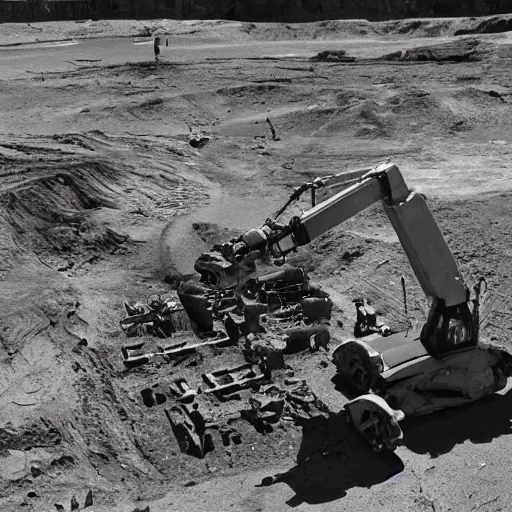 Image similar to robot archaeologist digging up the remains of human civilisation cinematic realistic 3 5 mm