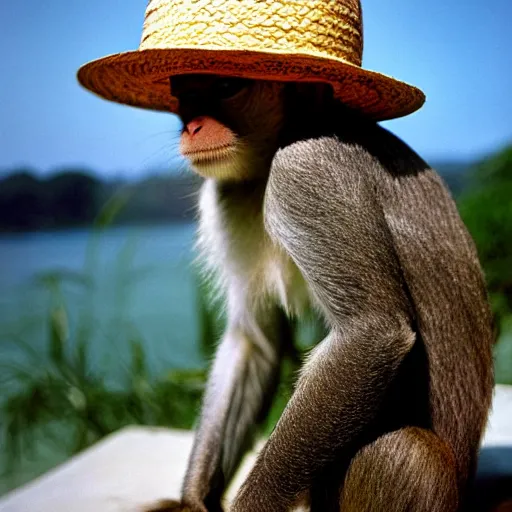 Image similar to A closeup film photography of a monkey cat wearing straw hat, photo bySlim Aarons, award winning, 4K