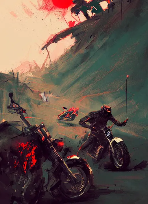 Prompt: horror art, motorbikers race in hell, red peaks in the background, art by ismail inceoglu