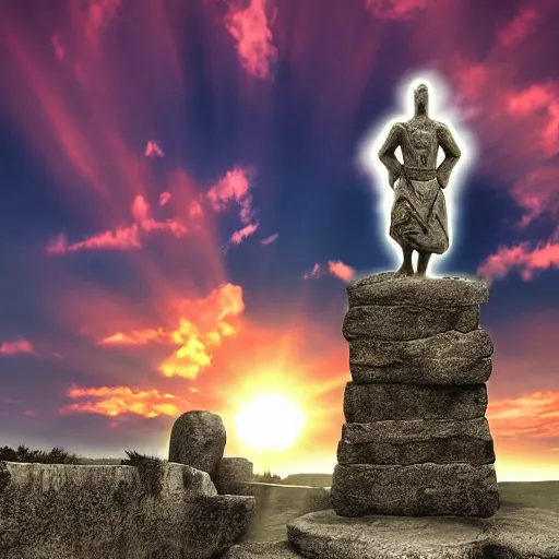 Image similar to a giant stone statue of the greek lambda symbol, epic sunset skies in the background, highly detailed digital art by jullie bell