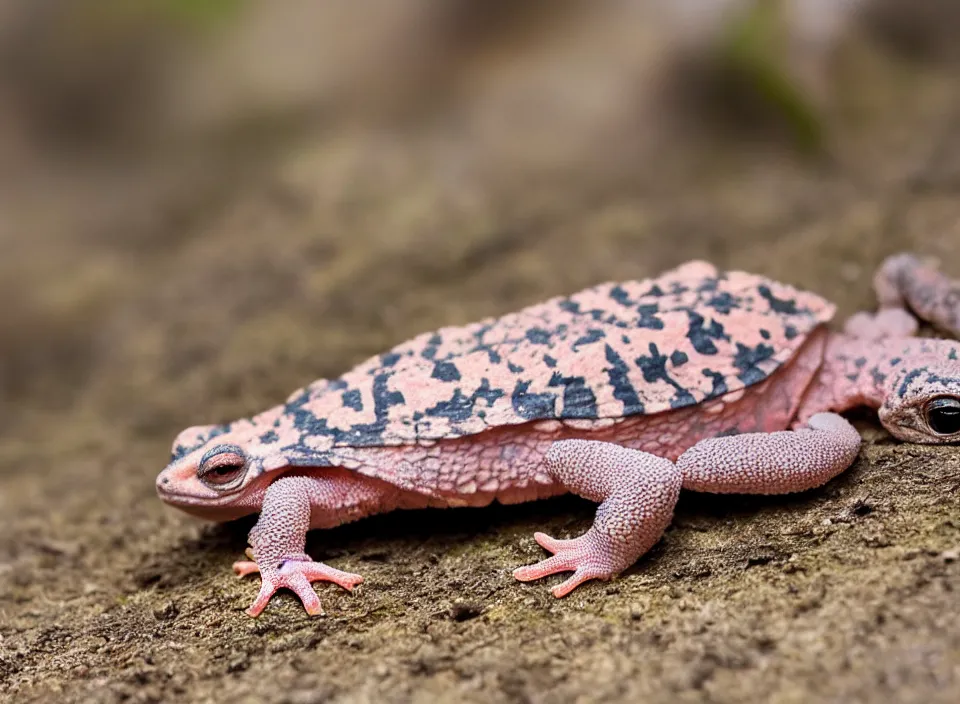 Image similar to Photo of one young New Zealand pink gecko tortoise looking at the viewer, cute, nature photography, National Geographic, 4k, award winning photo