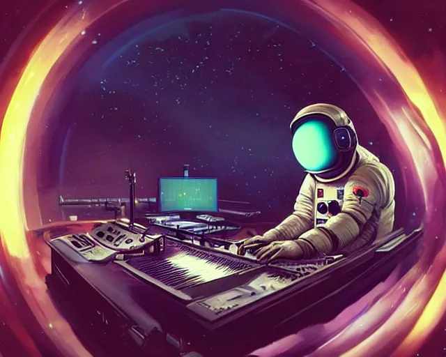 Prompt: an astronaut in a recording studio, looking at a glowing computer screen, using synthesizer, [ zero - gravity ]!!, [ everything is floating ]!!!, illustrated by greg rutkowski, [ digital art, synthwave art style ]!!, golden ratio!!, centered!!