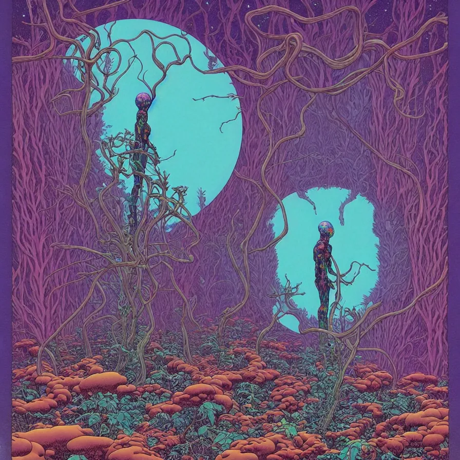 Image similar to ( ( ( strange forest on an unknown planet ) ) ) by mœbius!!!!!!!!!!!!!!!!!!!!!!!!!!!, overdetailed art, colorful, record jacket, warm tones, bioluminescent