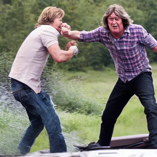 Prompt: james may punching brad pitt, cinematic, hyper realistic, windy