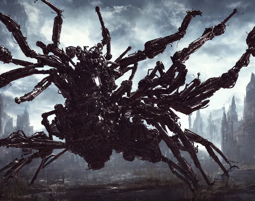 Image similar to big metal spider in tactical rpg videogame, beautiful graphics, fantasy artwork, very beautiful scenery, hdv, hdr, ue 5, ue 6, unreal engine 5, cinematic 4 k wallpaper, 8 k, ultra detailed