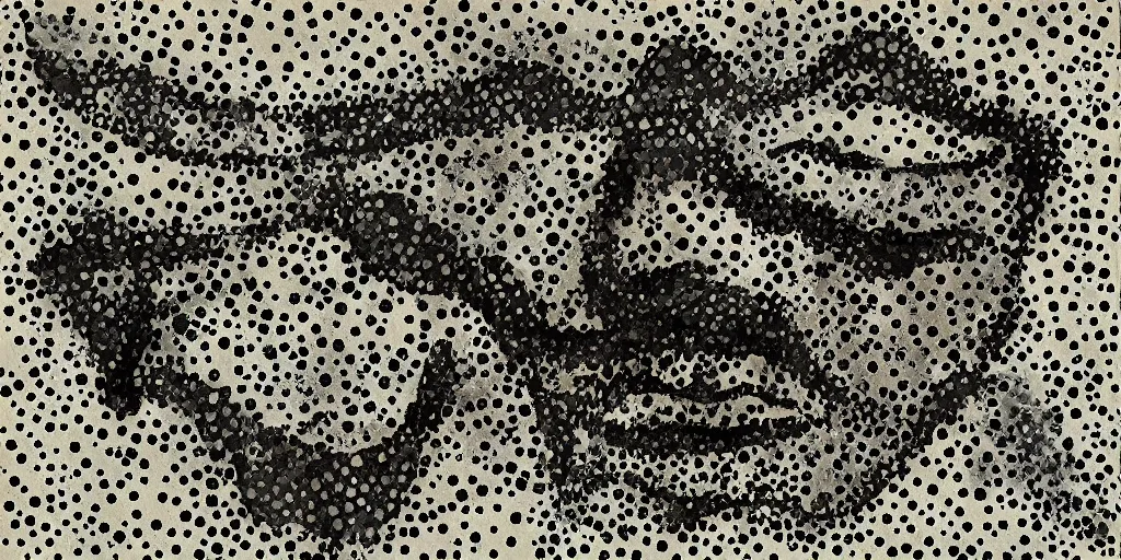 Prompt: camo made of teeth, smiling, abstract, cryptic, dots, stipple, lines, splotch, color tearing, pitch bending, faceless people, dark, ominous, eerie, minimal, points, technical, old painting