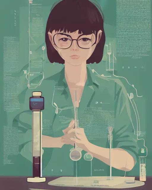 Image similar to a little girl in science lab experiment test tube microscope map. clean cel shaded vector art. minimalist illustration art by lois van baarle, artgerm, helen huang by makoto shinkai and ilya kuvshinov, rossdraws