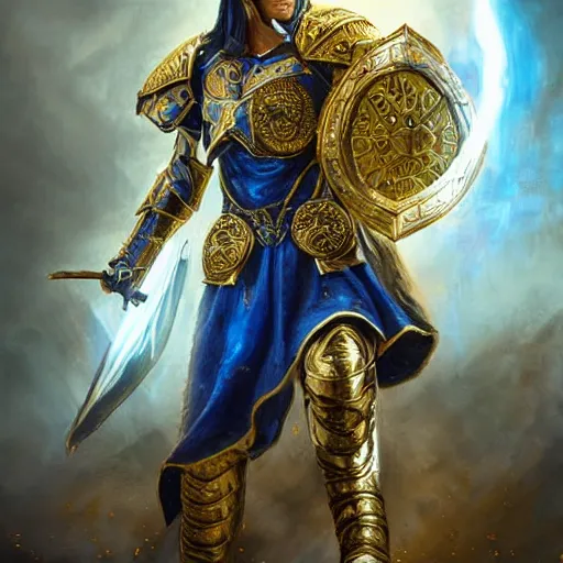 Prompt: paladin oath of glory in blue and gold plate armour, no helmet, fantasy, dramatic pose, intricate, detailed, rpg artwork, deep focus, dramatic lighting, 8 k, by mariusz lewandowski