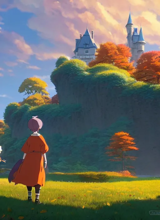 Image similar to a wholesome animation key shot, castle in the background, autumn foliage in the foreground, studio ghibli, pixar and disney animation, sharp, rendered in unreal engine 5, anime key art by greg rutkowski, bloom, dramatic lighting