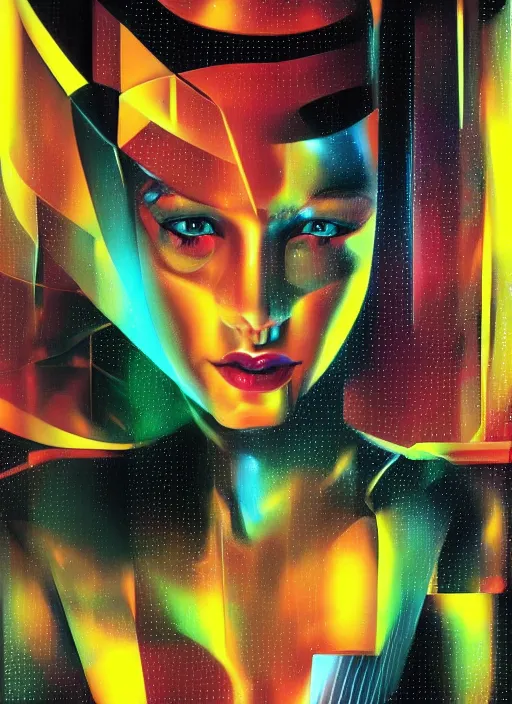 Image similar to futuristic lasers, data visualization, cyberpunk visor rain, wet, oiled, sweat, girl pinup, by steven meisel, james jean and rolf armstrong, geometric cubist perfect geometry abstract acrylic and hyperrealism photorealistic airbrush painting with retro and neon colors