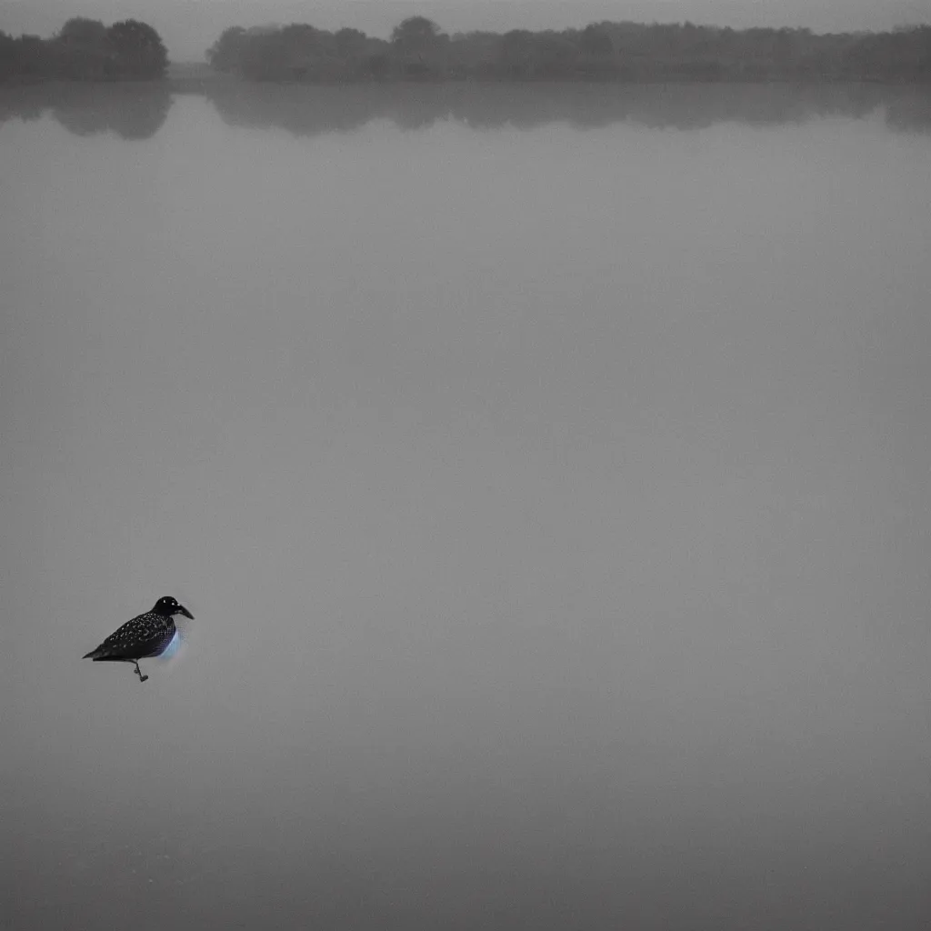 Image similar to starling murmur over a still lake on a foggy morning, light rays, bokeh, beautiful professional photography, 35mm film